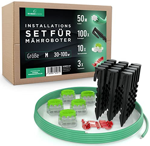 RASENWERK Begrenzungskabel Installationsset für Mähroboter - 100 Erdnägel mit patentierter Form - 10 Verbindungsklemmen - 50m Universal Begrenzungskabel für Rasenroboter - 3 Anschlussklemmen