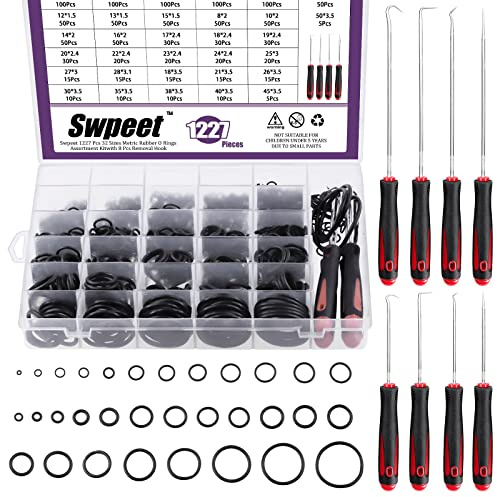 Swpeet 1235 Stück 32 Größen metrische Nitrilkautschuk O-Ringe Sortiment Kit mit 8 Stück langen und kurzen Pick- und Haken-Set, NBR O-Ring-Dichtung für Luftleitung, Kraftstoffeinspritzdüsen
