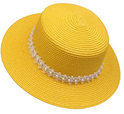 JK Home Pliable Chapeau de Soleil Femme Panama en Paille Capeline Large Bord avec Ruban Mariage Plage Jaune