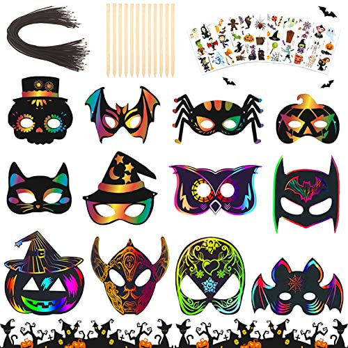 TOPJOWGA Halloween Kratzbilder Masken Kinder Bastel Set, 24 Stück Halloween Scratch Art Masken für Kinder mit 10 Aufkleber, Halloween Kürbis Fledermaus Geist Eule Party Mitgebsel zum Basteln