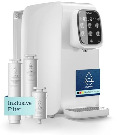 VILTARO® Osmoseanlage Trinkwasser [weiß, 5-stufiges Filtersystem, 6 Temperaturstufen, mobil ohne Wasseranschluss] | Umkehrosmoseanlage | Osmose Wasserfilter | Kalkfilter | Trinkwasserfilter