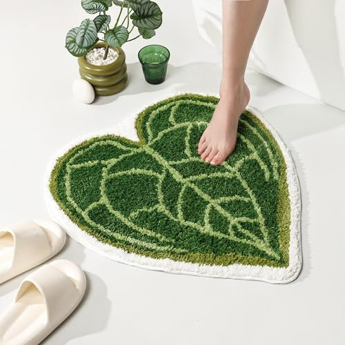 Panstar Badematte mit grünen Blättern, niedlicher Anthurium Clarinervium Badteppich für Badezimmer, rutschfest, lustig, saugfähig, Badewannenteppich, Badezimmer, Badewanne, Plüsch, Duschvorleger,