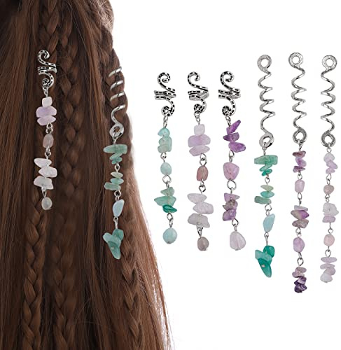 FRDTLUTHW Colored Natural Stone Tassels Hair Jewelry for Braids, Crystal Dreadlock Accessories Hair Charms for Women(Silver, pack of 6)