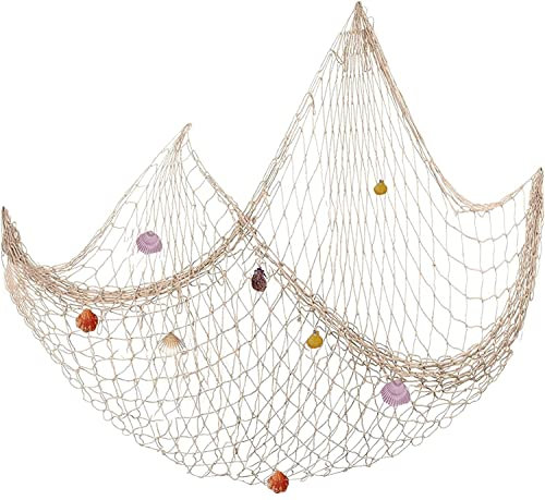 YSTrillion Fischernetz Deko,Muscheln Deko Netz,Dekoratives Fischernetz im Mediterranen Stil mit Farbigen Muscheln für Heimdekoration,Themenbar 100 x 200 cm,Beige