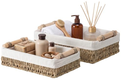 Storageworks Cestas de mimbre para baño, pequeñas cestas tejidas de hierba marina para organizar toallas y artículos de tocador, cestas decorativas para decoración del hogar con forro de tela natural,