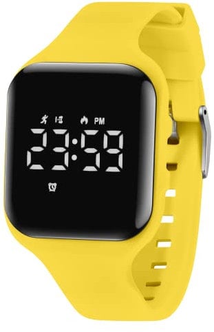 Reloj de pulsera digital con podómetro, vibración, alarma, distancia, cronómetro y ejercicio, resistente al agua, recargable, para actividades al aire libre, para niños y niños, 31-amarillo, Correa: