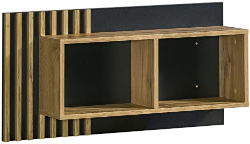 MINIO go for it - Wandregal Lamia, 90cm, Hängeregal für Wohnzimmer, Schlafzimmer, Büro, Bücherregal mit MDF-Latten, Schwarz Matt/Wotan Eiche