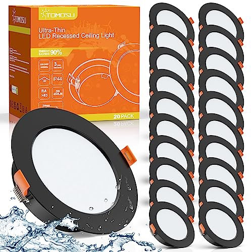 Tomosu 20 Stück LED Einbaustrahler 230V Schwarz, 5W 450LM Deckenspots Flach, Warmweiß 2700K-3000K, IP44 LED Spots Deckenleuchte für Badezimmer Küche Wohnzimmer, Rund