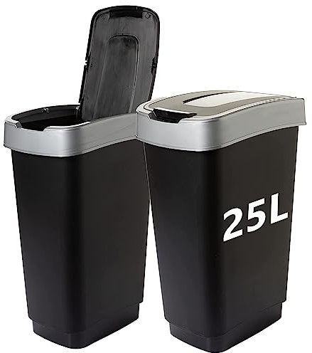Mülleimer mit Deckel 25l, 2 Stück, Mülleimer Küche 2 Fächer, Mülltonne mit Deckel, Abfalleimer mit Schwingdeckel, Schwarz/silbe, Model: Tim, Made in EU, Ideal für Recycling und Abfalltrennung