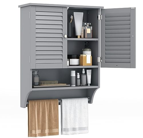 LIFEZEAL Armoire Murale à 2 Portes avec Porte-Serviettes, Meuble Suspendu Toilette WC avec Étagère Réglable, 60 x 22 x 75 CM, Armoire à Pharmacie en Bois, Gain de Place, Charge Max 30 kg (Gris)