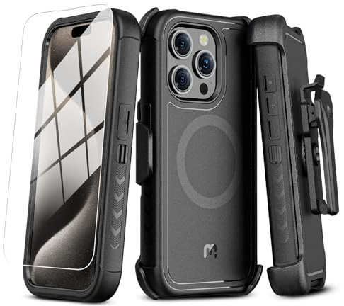 MYBAT PRO Maverick Series iPhone 15 Pro Max Hülle mit Gürtelclip Holster, [kompatibel mit Magsafe] mit Displayschutzfolie, sturzsicher, stoßfest, mit 360° drehbarem Ständer, robuster Schutz, Schwarz