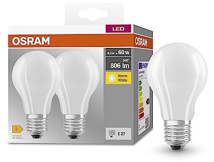 Osram BASE CLASSIC A GLFR 60 LED-Lampe mit Sockel E27, Kolbenform, Doppelpack, 6,5W, 806lm, 2700K, warmweißes Licht, geringe Wärmeentwicklung, lange Lebensdauer, geringer Energieverbrauch,20-Pack