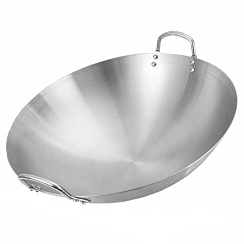OQHAIR Nicht magnetischer Standard-Edelstahl, 32 cm, 70 cm, chinesischer Stil, runder Boden, antihaftbeschichtete Pfanne, schnelle Wärmeleitung, verdickter, unbeschichteter Wok mit 2 SCHL