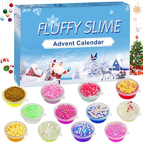 Slime Adventskalender 2024,Fluffy Slime Kinder Weihnachtskalender,Knete Schleim Set,DIY Fluffy Slime 24 Tage Weihnachten Countdown Schleim Spiele Kit,Geburtstag Weihnachten Geschenk für Mädchen,Jungen