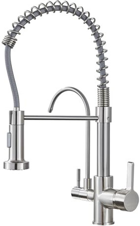 KEOKBON 3 Wege Wasserhahn Küche, 3 in 1 Spiralfeder Küchenarmatur mit Brause ausziehbar, 2 Hebel Spültischarmatur Mischbatterie mit kalt, heiß wasser und trinkwasser(Gebürstetes Nickel)