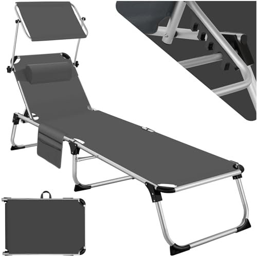 TecTake® Tumbona Jardín Exterior de Aluminio, Tumbona Plegable con Reposacabezas, Parasol y Bolsillo Lateral, Tumbona Playa Reclinable en 6 Posiciones, Tumbona Piscina Resistente a Intemperie - Gris