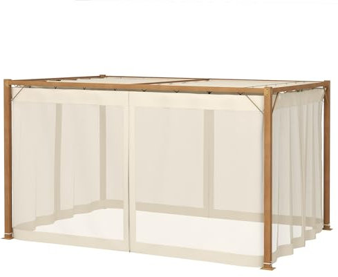 Outsunny Pérgola de Jardín 4x3 m Cenador para Exterior con Marco de Aluminio con Mosquiteras Laterales de Malla Techo Retráctil para Patio Terraza Natural