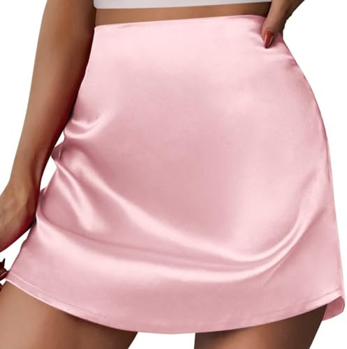Minigonna in raso da donna, tinta unita, vestibilità aderente, linea A, gonna corta, seta, vita alta, cerniera posteriore, Colore: rosa., S