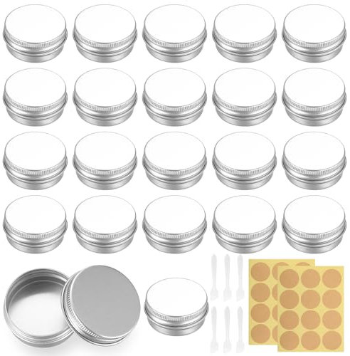 22 Pcs Aluminium Tin Jars with Screw Lids, 15ml Lip Balm Tins with Lids, Sample Pots for Cosmetics, Round Metal Empty Cosmetic Container Pots for Cream Candles Lotion, with 24 Labels, 6 Scraper