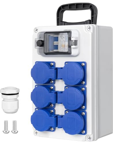 CHENGPI Baustromverteiler,Stromverteiler mit FI Schalter 2P 63A,Wandverteiler mit 6 AC Schuko Stecker 250V/16A, Aufputz Verteiler für Bauwesen,Industriell,Draußen