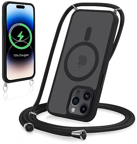 Yodege Magnetische Handyband für iPhone 16 Pro 6,3 Hülle mit Band, Handyhülle Kompatibel mit MagSafe, Matt Transluzente PC + TPU Stoßfest Schutzhülle mit Abnehmbar Kordel zum Umhängen Case, Schwarz