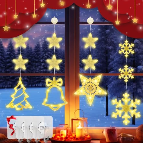 YEPVIE Weihnachtsbeleuchtung Fenster innen, 4 Stück Weihnachtsdeko Fenster mit stern&Schneeflocke&Weihnachtsbaum&Jingle Bell, 80 LEDs fensterdeko weihnachten Lichterkette mit Saugnäpfen und Klebehaken