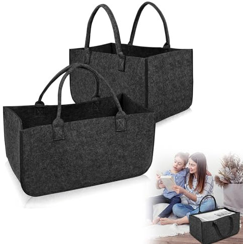 QEENTOE Kaminholztasche Filz Tasche Filztasche Shopper Faltbar Mit Griffen Filz Filztaschen Für Brennholztransport Einkäufe 50 x 25 x 25 cm Dunkelgrau 2 Stück