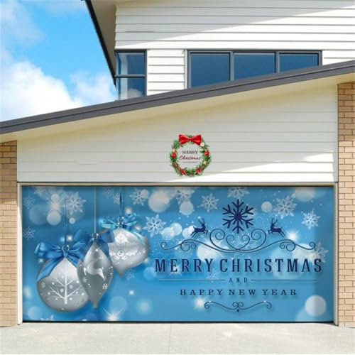 Treer Christmas Garage Banner, Xmas Backdrop with Copper Grommets and Rope, Large Outdoor Banner Decorations Door Cover/Murals for Garage, Patio, Garden, Fence (240x210cm,blue gray)
