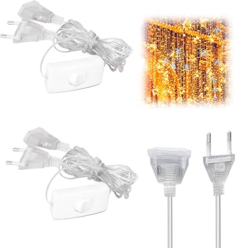 2 Stück Verlängerungskabel mit Stecker Eurostecker Schalter - Transparentes Strom-Verlängerungskabel - 2 polig Verlängerungskabel Dünnes Kabel mit Flachstecker für LED Lichterkette (5 Meter)