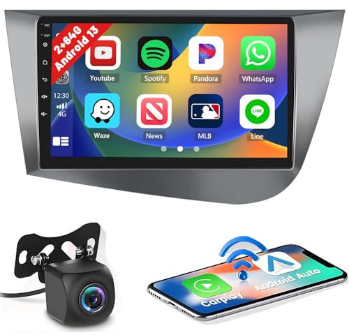 2+64GB Android Radio Coche para Seat Leon 2005-2012(Left-Hand Drive), Wireless Carplay Android Auto Bluetooth Pantalla Táctil 9 Pulgadas Autoradio con Cámara Trasera GPS WiFi EQ FM RDS Radio