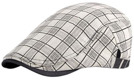 Rayson Schiebermütze Herren Barett Cap Karierte Verstellbare Baskenmütze Newsboy Flat Beret Hut Atmungsaktiv Sommer(Weiß)