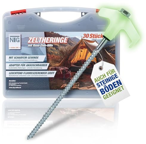 NTG Zelthering mit Gewinde 30 Stück, Adapter für Akkuschrauber, auch für Steinboden leuchten im dunklen |Rostschutz durch verzinkung Hering Zeltanker Sturmhering Erdnägel | Set MIT Koffer