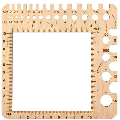 Birkenholz Spannlineal & Zählrahmen zum Stricken und Häkeln – 10 x 10 cm Gauge mit Nadel & Hakengrößenmesser – metrische und britische Größen – klare Markierungen für genaue Spannungsmessung