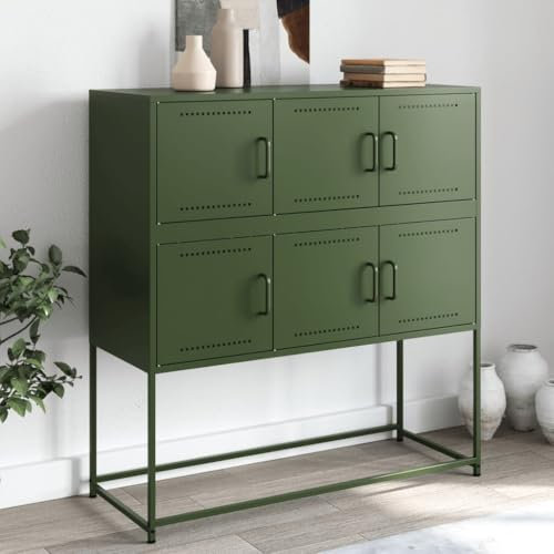 Modernes Sideboard, Metall Kommode mit 6 Türen, Metallschrank Wohnzimmerschrank Beistellschrank Flurschrank, Olivgrün 100,5x39x107 cm Stahl