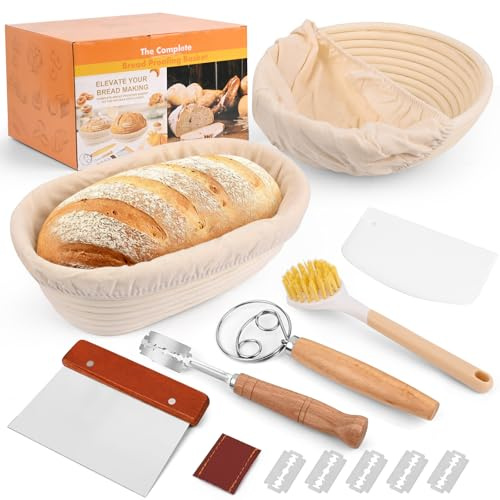 Gaethra Gärkorb Brot Set, Komplettset Brot Backen Zubehör inkl. Brotgärkorb (23cm rund & 25cm oval), Teigschaber, Leineneinsatz, Teigrührer & Brot Lahm, Brotbackset für Anfänger & Profis