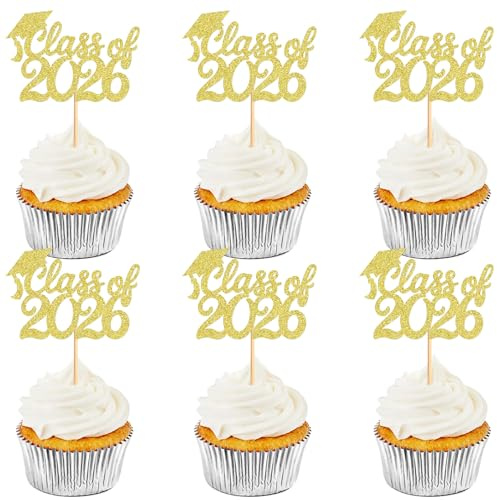 Cyodoos 24 Pcs 2026 Graduation Cupcake Toppers, Class of 2026 Cake Decorations with Mortar Board Picks for College University High School Grad Party（Gold）
