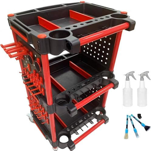Auto Detailing Tool Cart with 4 Hanging Board,3 Tier Car Wash Tool Trolley | Utility Service Cart for Professional Detailing,Car Cleaning Storage for Garage DIY Home Studio Projects,Storing Your Tools