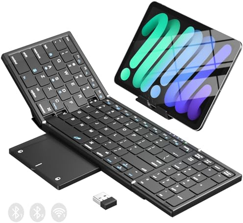 Teclado Bluetooth plegable con panel táctil y almohadilla numérica, 3 dispositivos (2.4G + BTx2) teclado portátil plegable, teclado portátil de tamaño completo, teclado inalámbrico de viaje recargable