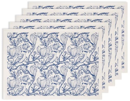 SUPERDANT 5PCS Magnolia Flowers Underglaze Paper Transfer Birds Transfer Paper for Clay Ceramic Porcelain Under Glaze Transfers for Pottery Enamel Decals Blue Decal Papers Handcrafted Gifts