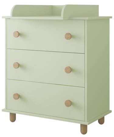 zee Mint Wickelkommode 83x93x48 cm LUMI mit Wickelaufsatz 3 Schubladen Kommode Babyzimmer mit Vollauszug Schubladen Griffe und Füße aus Massivem Buchenholz
