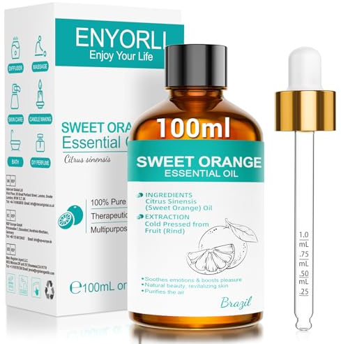 ENYORLI Süßorangenöl ätherisch 100ml naturrein für Diffuser und Raumduft | Kaltgepresst aus Citrus sinensis, 100% naturrein, süßer Orangenduft für Aromatherapie, Seife, Kerzen, Badebombe, DIY
