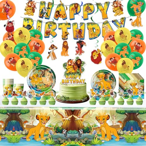 89 PCS Lion King Birthday Decorations, Party Decorations Party Supplies Paper Plates Cups Napkins Tablecloth , Tableware Set for 10 Guests
