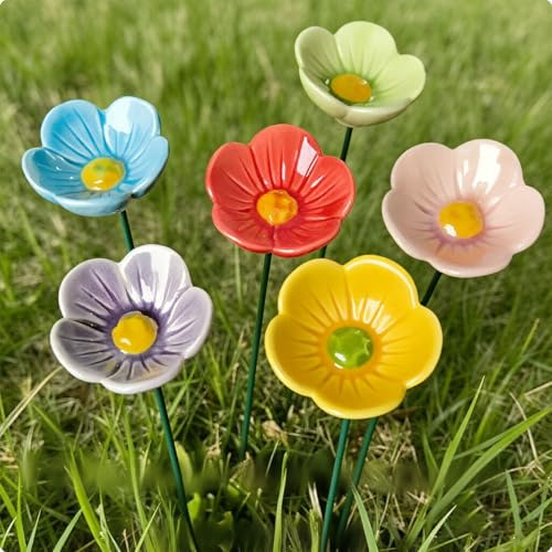 6 Stück Keramik Blumen Gartenstecker, Vogel- und Bienentränke, 27 cm, Insektentränke für Garten und Blumentopf (Color)