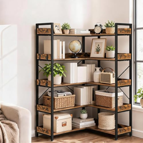 AffinityFurn 5-Tier L-Shaped Corner Bookshelf with Metal Frame & Hooks