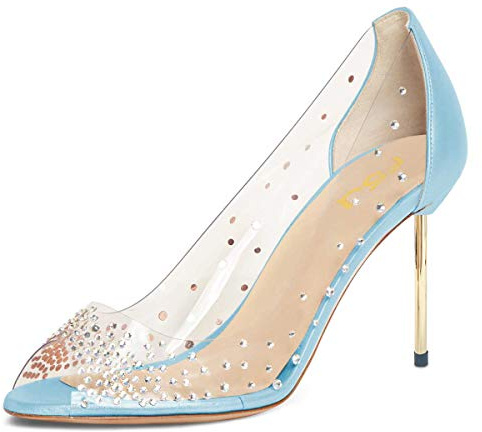 FSJ Women Studded Peep Toe Transparent Pumps High Heels Slip On Clear PVC Dress Shoes Size 8 Sky Blue