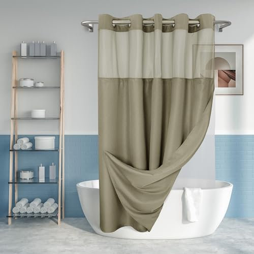 Rideau de Douche texturé flammé sans Crochet avec Doublure en PEVA à Clipser, Style hôtel avec fenêtre Transparente – Lavable en Machine et Hydrofuge, 180 x 188 cm, Taupe