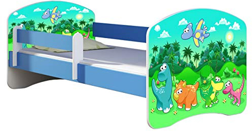 ACMA Kinderbett 160x80 cm Blau mit Matratze & Lattenrost – Jugendbett mit Rausfallschutz, personalisiertes Motiv 30 Dino, stabiles Kinderbett für Kinderzimmer, belastbar bis 120 kg
