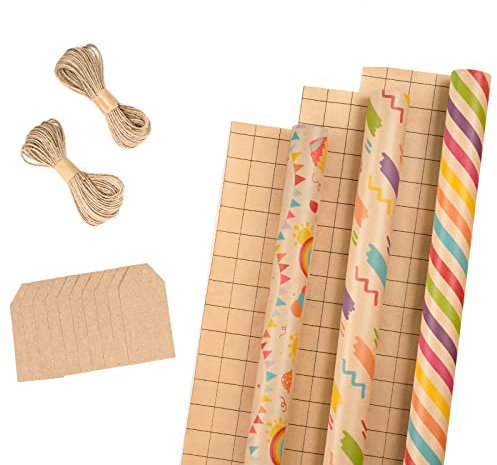 RUSPEPA Geschenkpapierrollen Mit Anhänger, Juteschnur - 43cm X 3m Pro Rolle, Insgesamt 3 Rollen, Geburtstag