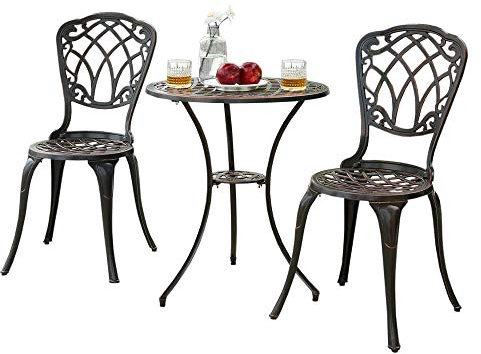Trueshoppping Cast Aluminium Bistro Set of 2 Chairs & Round Coffee Table - Outdoor Garden Furniture Sets for Dining, Patio, Terrace, Decking