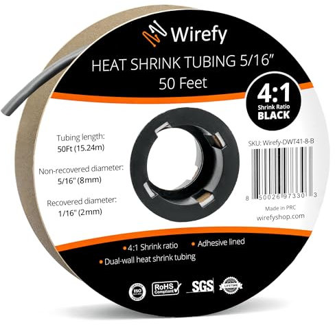 Wirefy Guaina Termorestringente 7,9 mm - Tubo Isolante 4:1 - Interno Adesivo - Nero - Rotolo 15 m